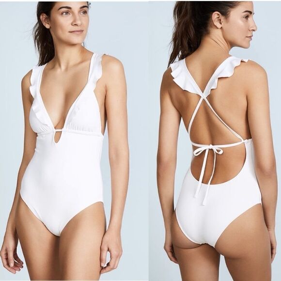 🤍 NWT Eberjey Grayson Ruffle One Piece Bathing Suit, Ecru Size S - Picture 1 of 9